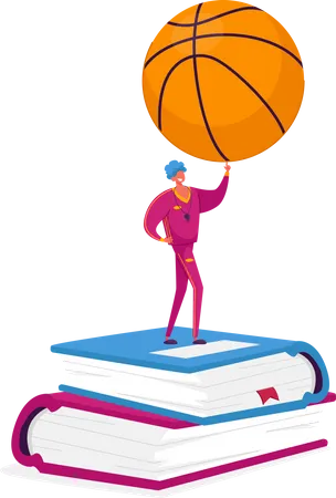 Homem com fantasia esportiva e apito no pescoço segurando uma bola de basquete em uma pilha de livros  Ilustração