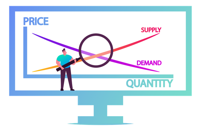 Stand masculino com gráfico de microeconomia contém preço e quantidade  Ilustração