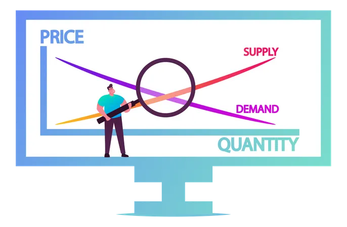 Stand masculino com gráfico de microeconomia contém preço e quantidade  Ilustração