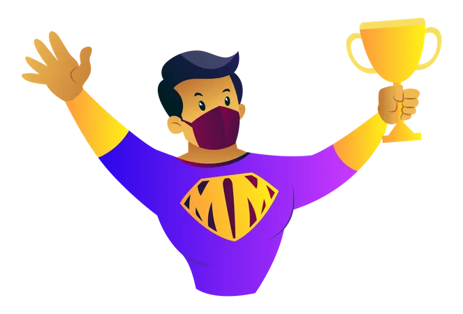 Mask man holding a trophy in hand  Illustration