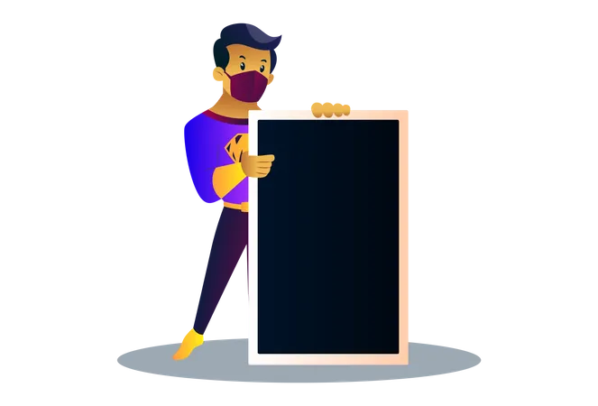 Mask man is holding an empty board in hand  Illustration