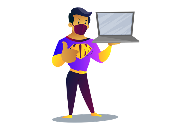 Mask man is holding laptop in hand  Illustration