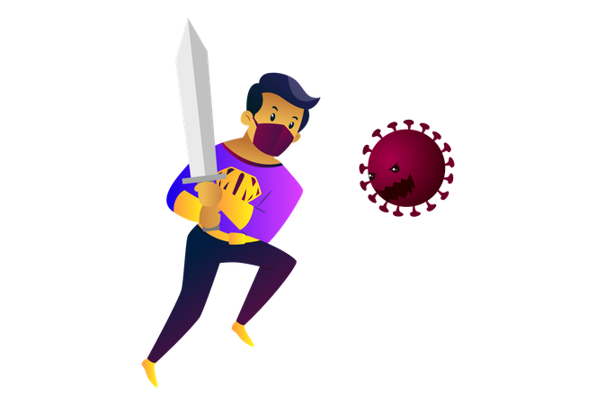 Mask man is holding sword and fighting with coronavirus  Illustration