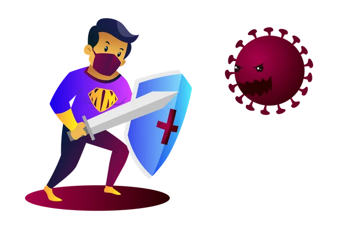 Mask man is holding sword and shield in hand and fighting with coronavirus  Illustration