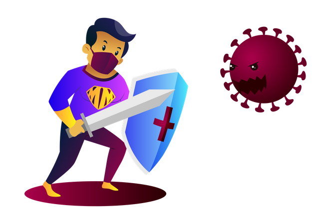 Mask man is holding sword and shield in hand and fighting with coronavirus  Illustration