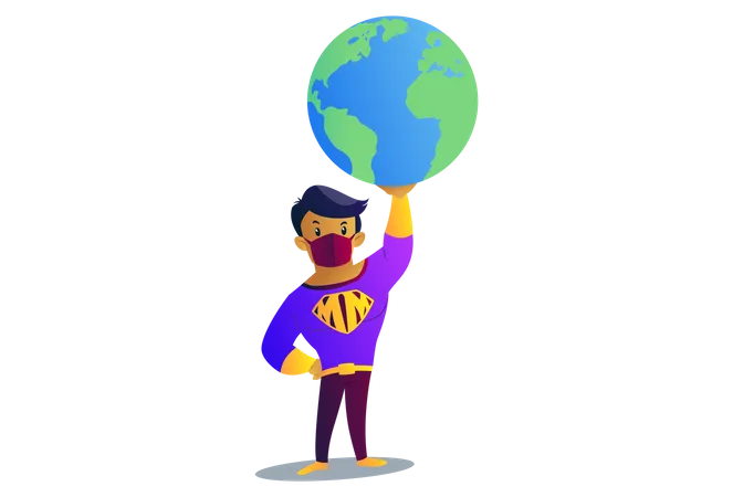 Mask man is holding the earth on one hand  Illustration