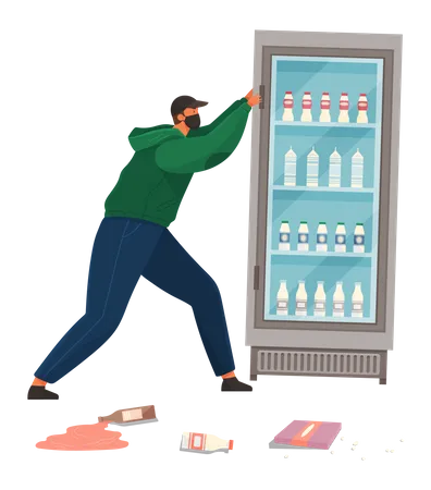 A Vandal Damages An Equipment In A Grocery Store Masked And Hooded Bandit Destroys Refrigerator Street Gangsters And Vandalism Concept Cartoon Vector Danger Aggressive Man Isolated On White Illustration