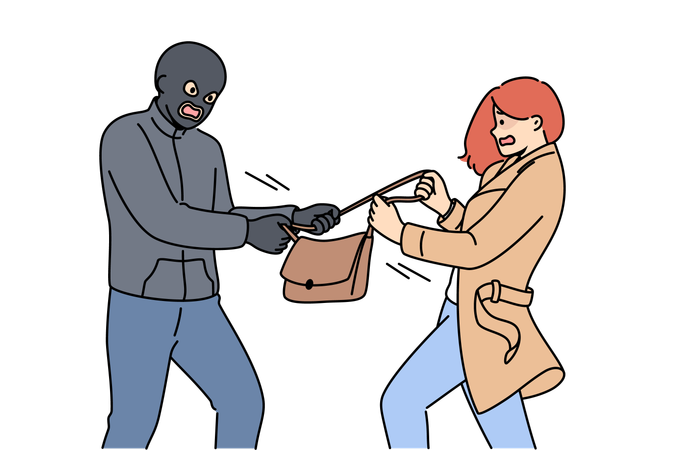 Masked robber takes bag from frightened woman who screams for help from police  일러스트레이션