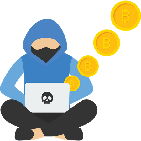 Masked scammer steals cryptocurrency on laptop  イラスト