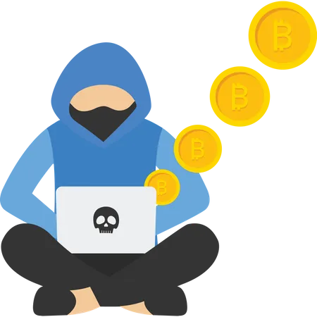 Masked scammer steals cryptocurrency on laptop  Illustration