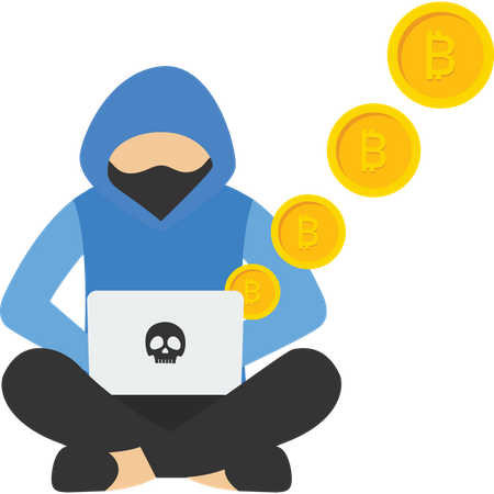 Masked scammer steals cryptocurrency on laptop  Illustration