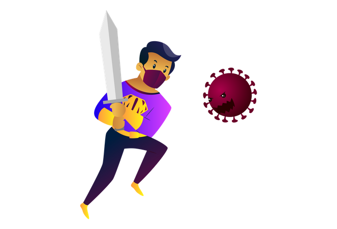 Maskierter Mann hält Schwert und kämpft mit Coronavirus  Illustration