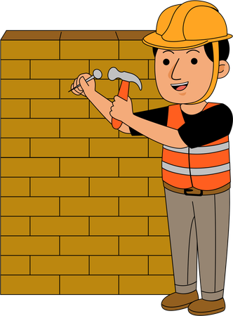 Mason fitting iron nail in wall  Illustration