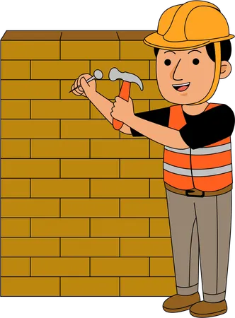 Mason fitting iron nail in wall  Illustration