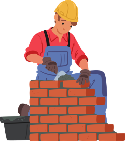 Mason Or Bricklayer Wearing Hard Hat Laying Bricks And Constructing Brick Wall Or Structure On Construction Site  Illustration