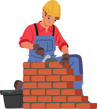 Mason Or Bricklayer Wearing Hard Hat Laying Bricks And Constructing Brick Wall Or Structure On Construction Site  Illustration