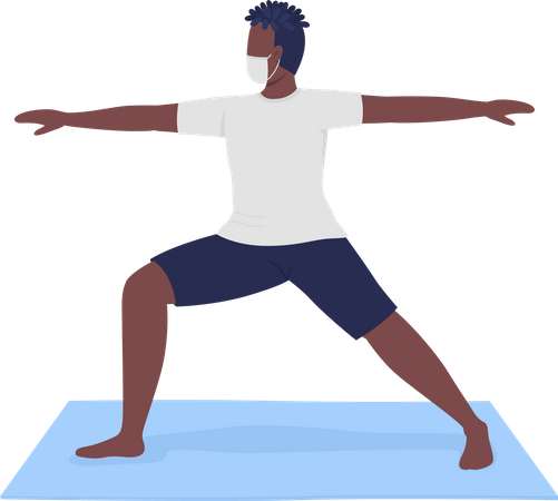 Homme en masque en tissu exécutant une pose de yoga guerrier  Illustration