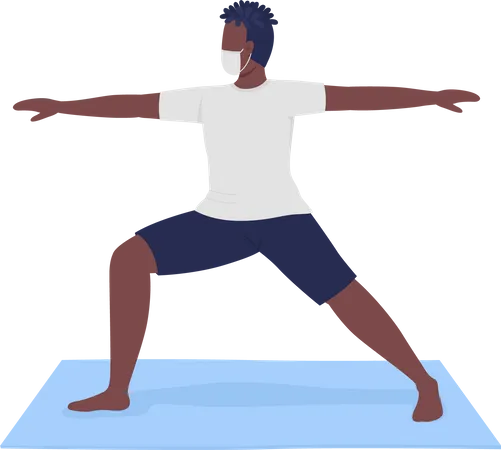 Homme en masque en tissu exécutant une pose de yoga guerrier  Illustration