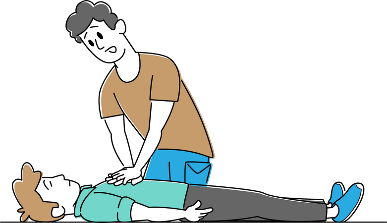 Homme faisant un massage cardiaque à un homme allongé sur le sol  Illustration