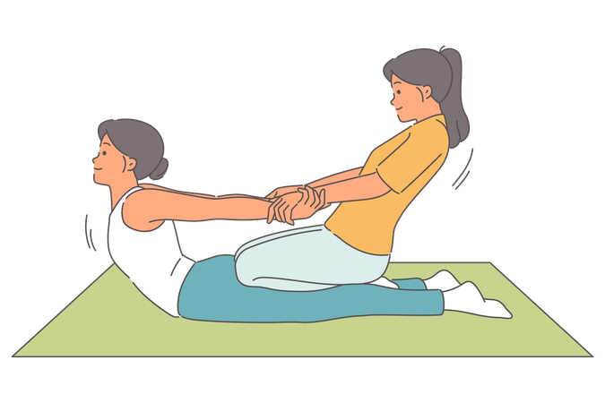 Massage thaïlandais pour femme allongée sur le sol d'une masseuse tirant les mains du patient pour redresser la colonne vertébrale  Illustration