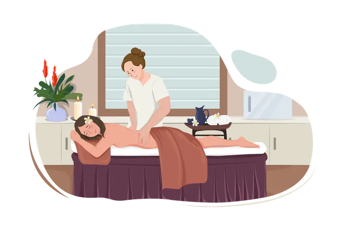 Massage therapist giving exotic massage to happy smiling woman Illustration