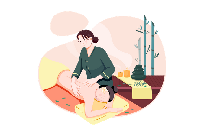 Massage therapist professional woman character doing exotic massage to happy smiling woman Illustration