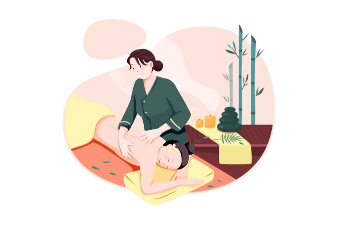 Massage therapist professional woman character doing exotic massage to happy smiling woman  Illustration