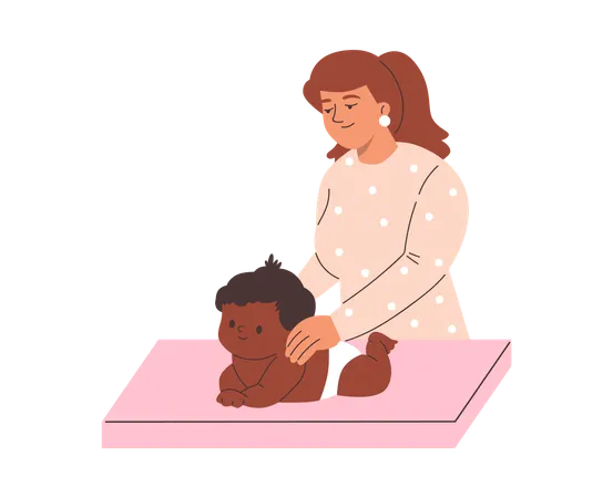 Massagem para bebês com enfermeira cuidando de bebê de fralda  Ilustração