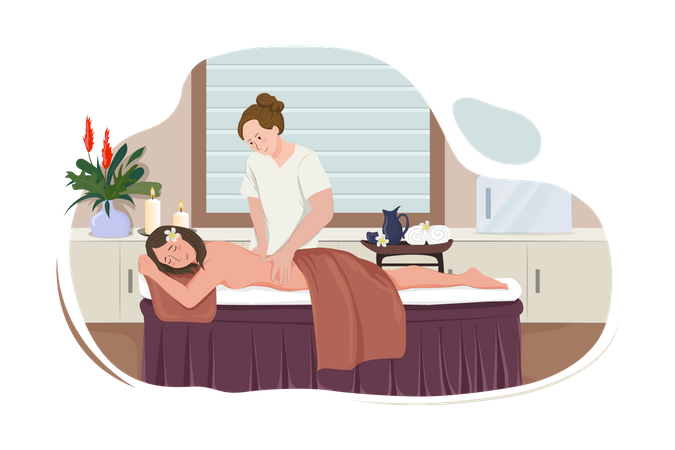 Masseur gibt einer glücklich lächelnden Frau eine exotische Massage  Illustration