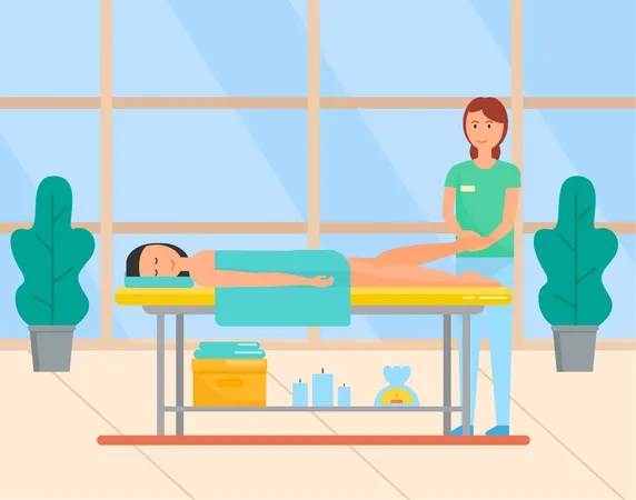 Massagista fazendo massagem no corpo da mulher no spa  Ilustração