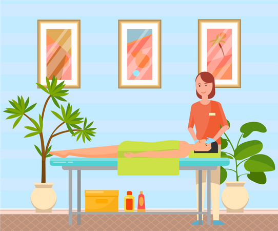 Massagista massageando rosto de paciente do sexo feminino  Ilustração