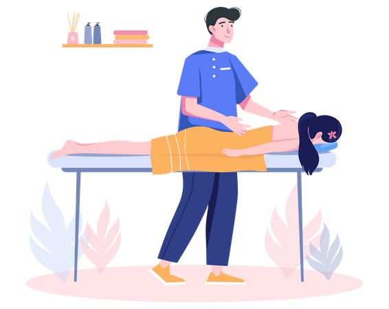 Massoterapeuta no salão spa realiza procedimento de massagem para cliente  Ilustração