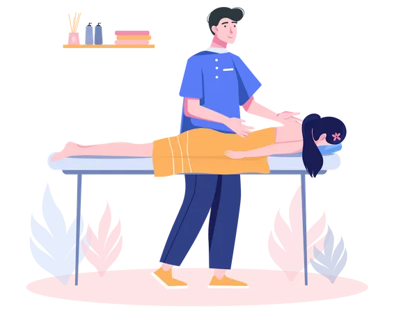 Massoterapeuta no salão spa realiza procedimento de massagem para cliente  Ilustração