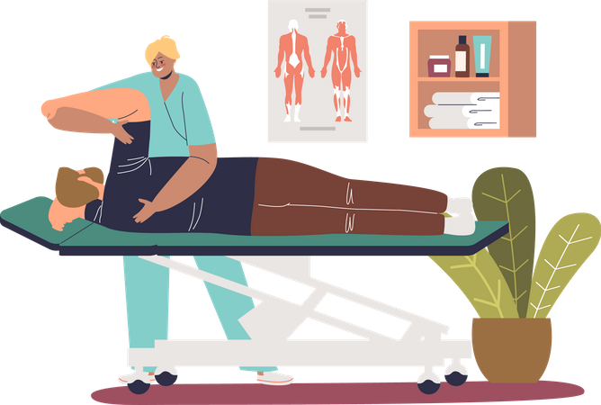 Osteopata massagista feminina tratando costas e braço  Ilustração