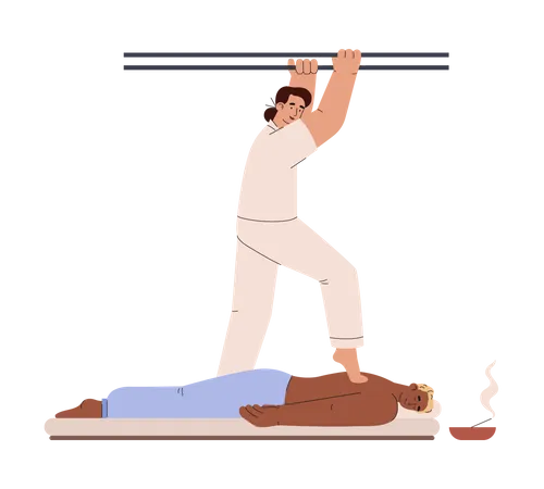 Masseur faisant un massage de la colonne vertébrale avec les pieds  Illustration