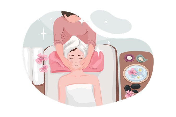 Masseur faisant un massage sur le corps de la femme dans le salon spa  Illustration