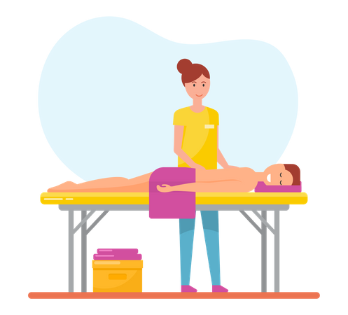 Masseurin arbeitet mit dem Rücken des Kunden im Wellness-Salon  Illustration