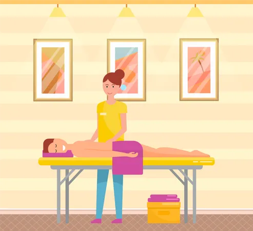 Masseurin arbeitet mit dem Rücken des Kunden im Wellness-Salon  Illustration