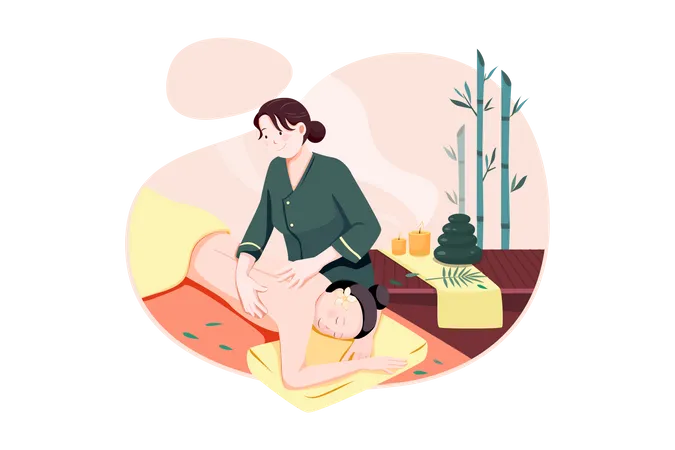 Personagem profissional de massagista fazendo massagem exótica para uma mulher sorridente feliz  Ilustração