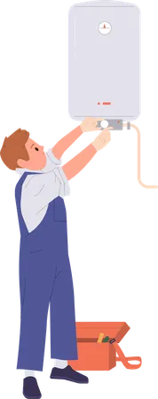 Master character from professional repair service fixing problem of heating boiler work  Illustration