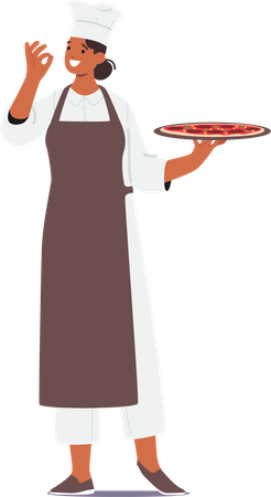 Master Chef muestra una deliciosa creación de pizza con un gesto de aprobación seguro  Ilustración