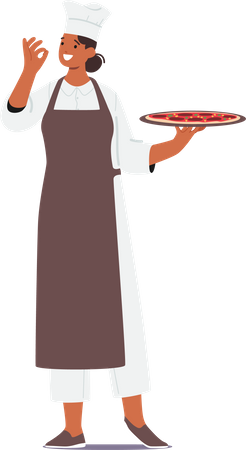 Master Chef apresentando criação de pizza de dar água na boca com gesto confiante de ok  Ilustração
