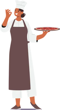Master Chef apresentando criação de pizza de dar água na boca com gesto confiante de ok  Ilustração