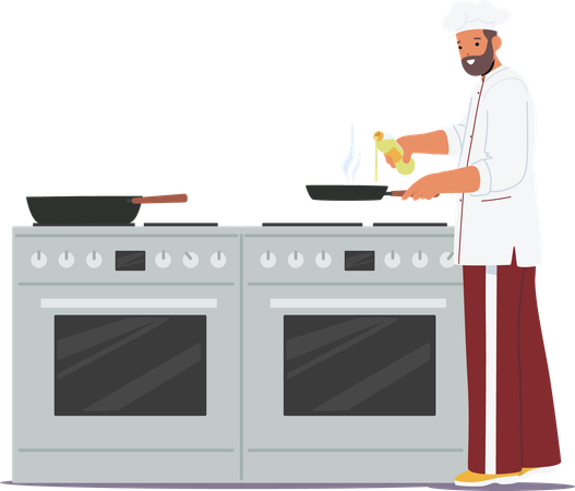 Master chef in uniform cooking restaurant dish at professional kitchen scene  Illustration