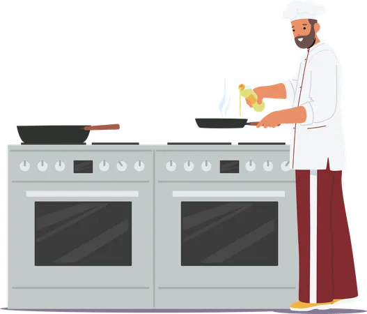 Master chef in uniform cooking restaurant dish at professional kitchen scene  Illustration