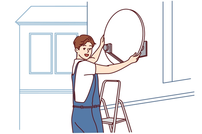 Master installs television satellite dish on building terrace  Illustration
