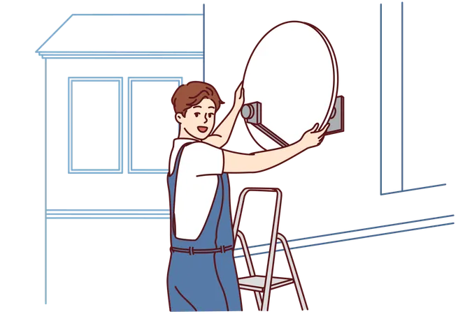 Master Installs Television Satellite Dish On Facade Of Building Standing On Stepladder And Looking At Screen TV Company Specialist Sets Up Access To Satellite TV Channels For Residents House Illustration