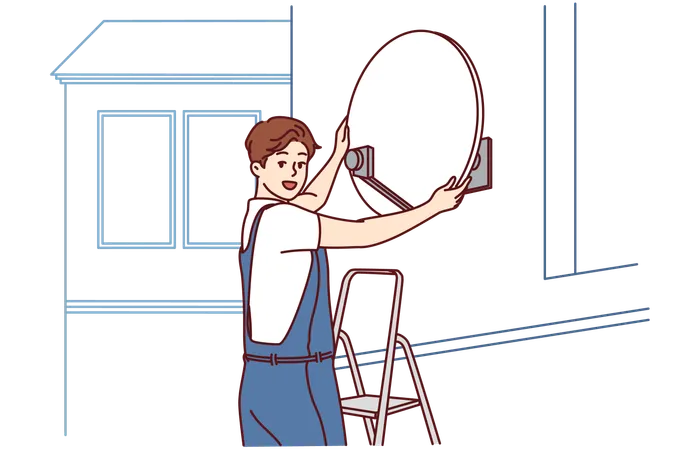 Master installs television satellite dish on building terrace  Illustration