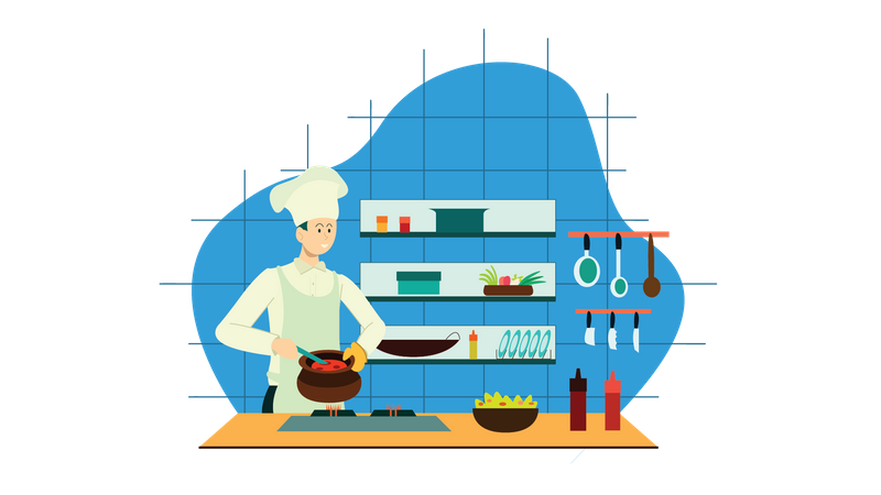 Masterchef cooking food in kitchen  Illustration