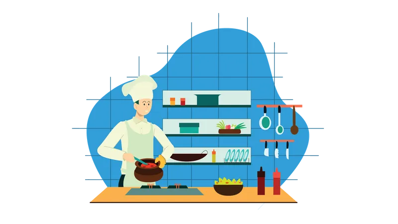 Masterchef cooking food in kitchen  Illustration